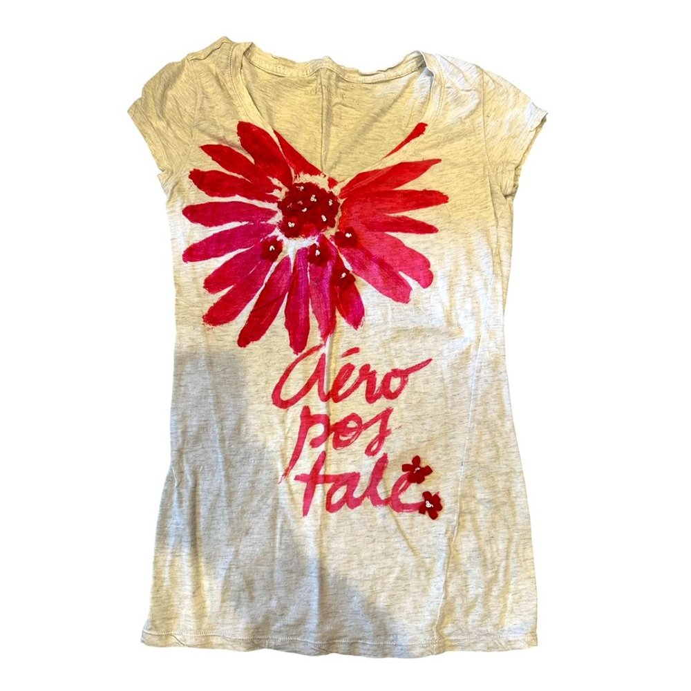 Aeropostale Vintage V-Neck Shirt Gray Floral Print Medium Womens Like New